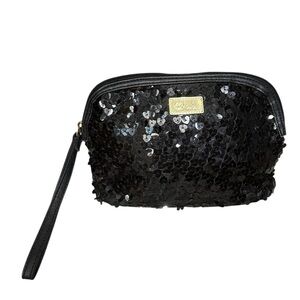 BETSEY JOHNSON Luv Betsey Black Heart Sequin Make-up Bag‎ Pouch 8"x6"x2" w/Strap